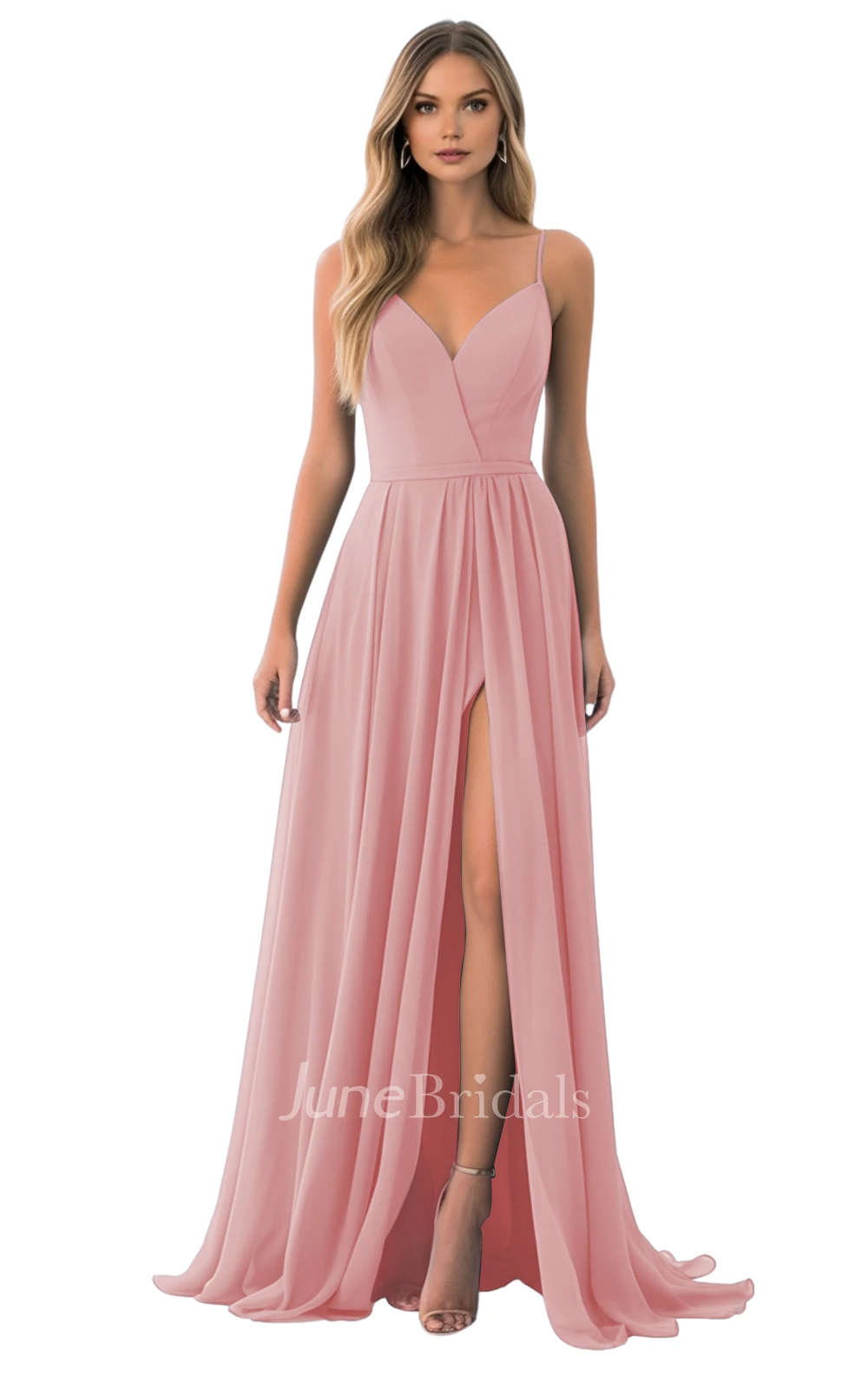 Elegant A-Line Spaghetti Chiffon Bridesmaid Dress with Split Front