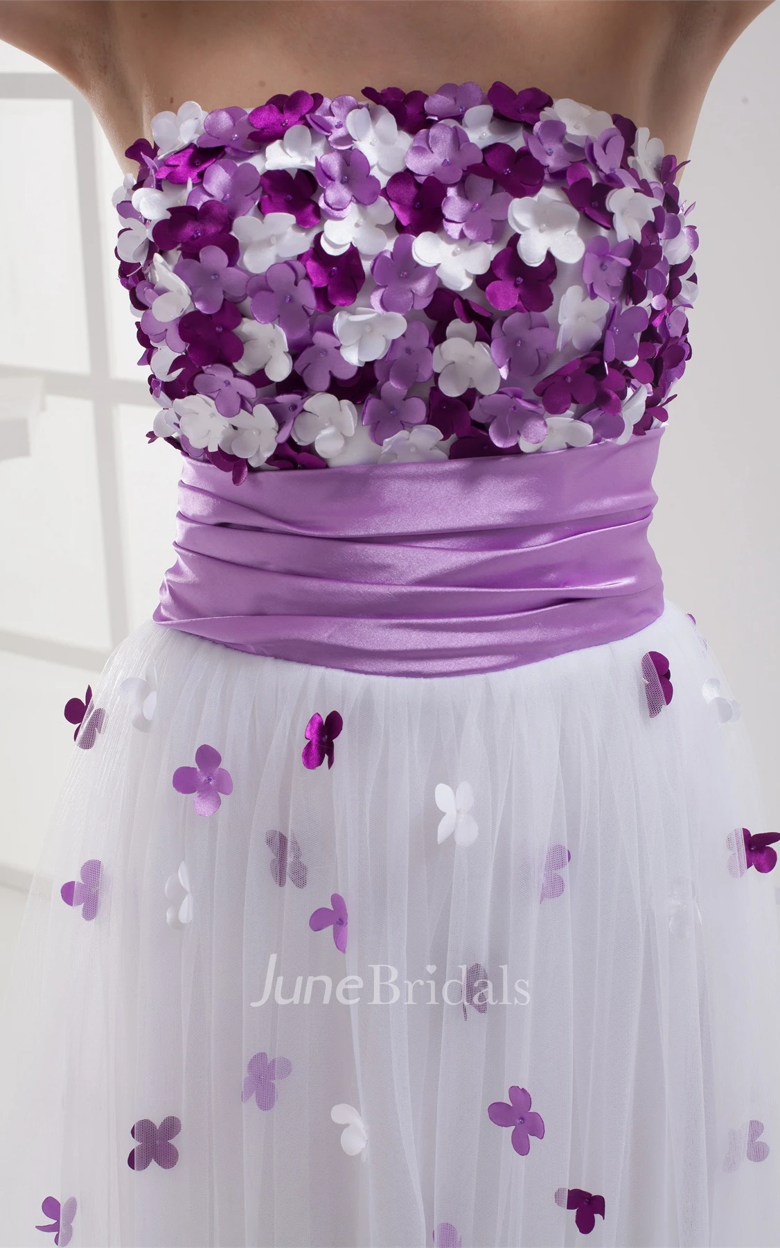 Two-Tone Tulle Floor-Length Dress with Pleats and Floral Top