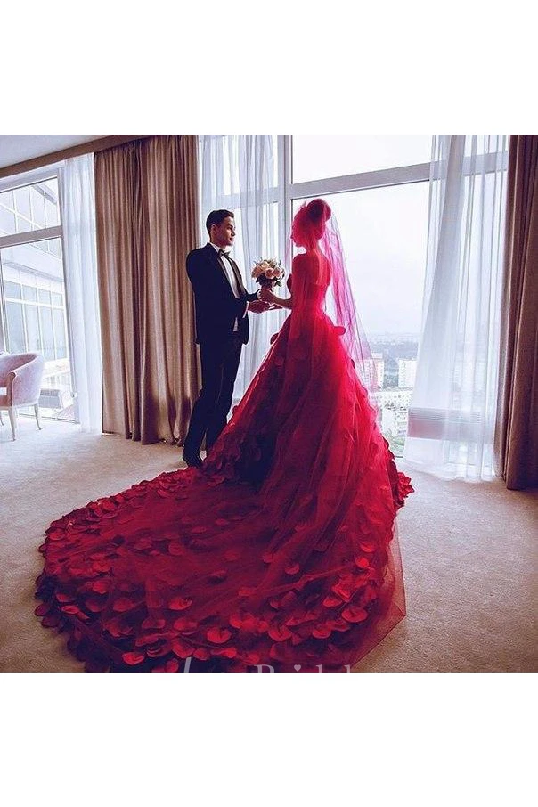 Newest Red Tulle Princess Wedding Dress Flowers Court Train
