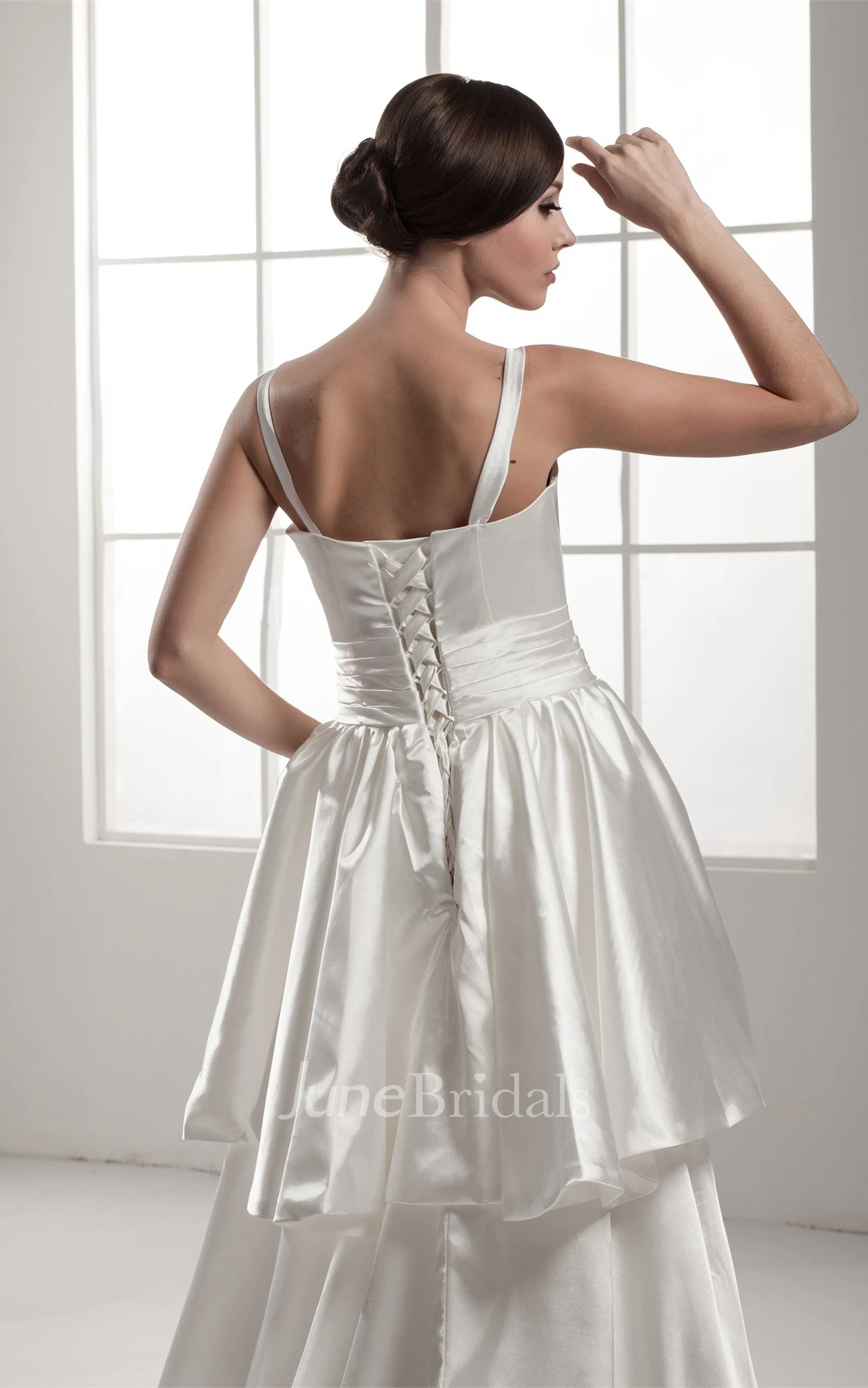 Strapped Pick-Up A-Line Gown with Ruching and Corset Back