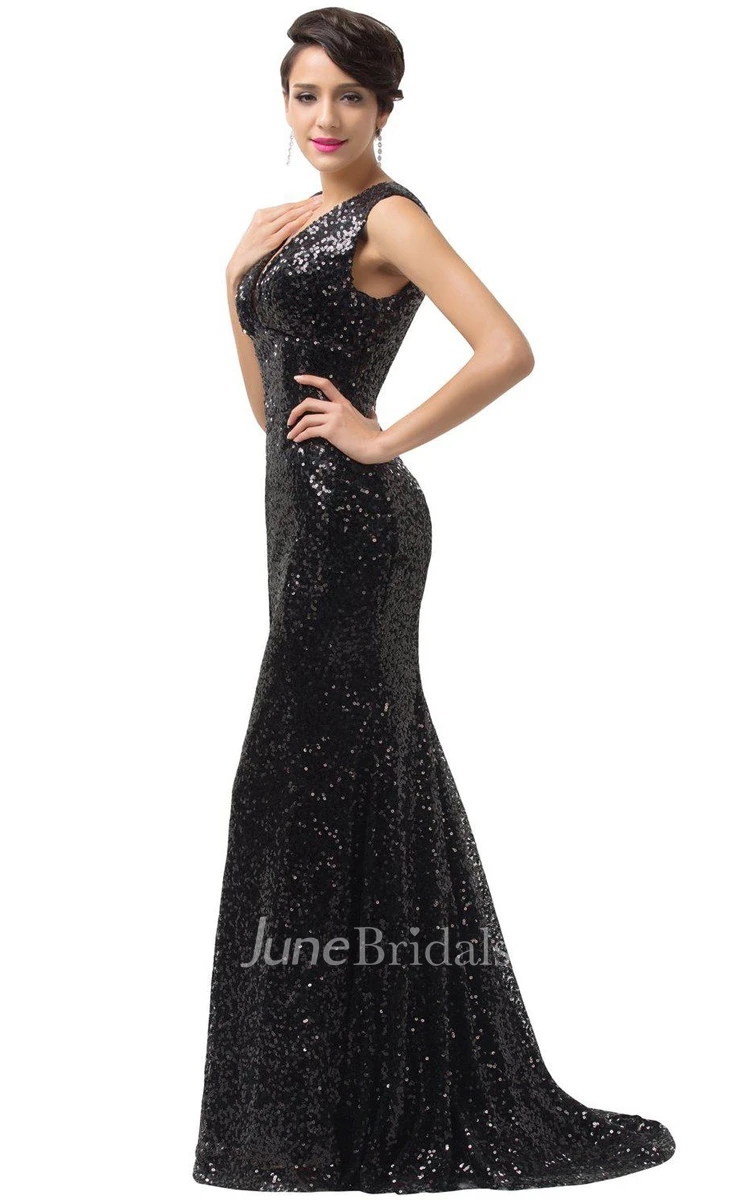 Sleeveless V-neck Mermaid Gown With Allover Sequins