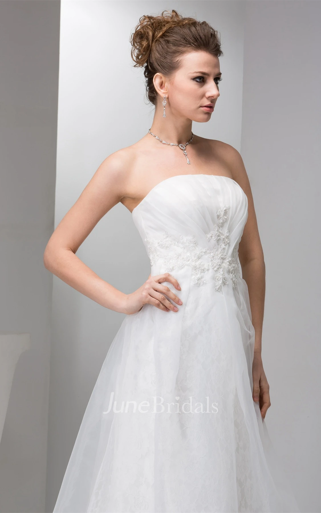 Strapless Chiffon Tulle A-Line Gown with Lace