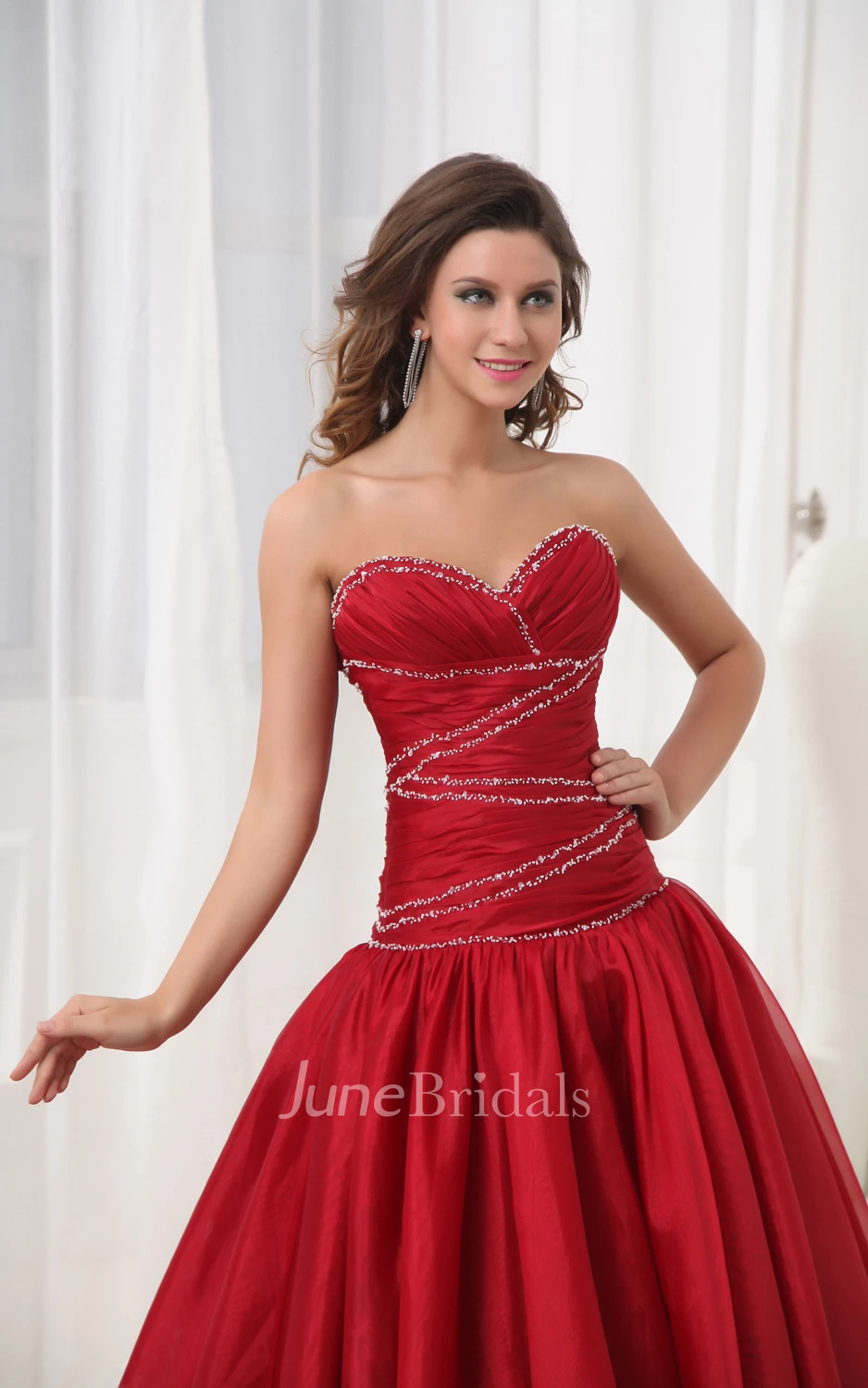 A-Line Ruby Sweetheart Sleeveless Dress With Draping And Ruching