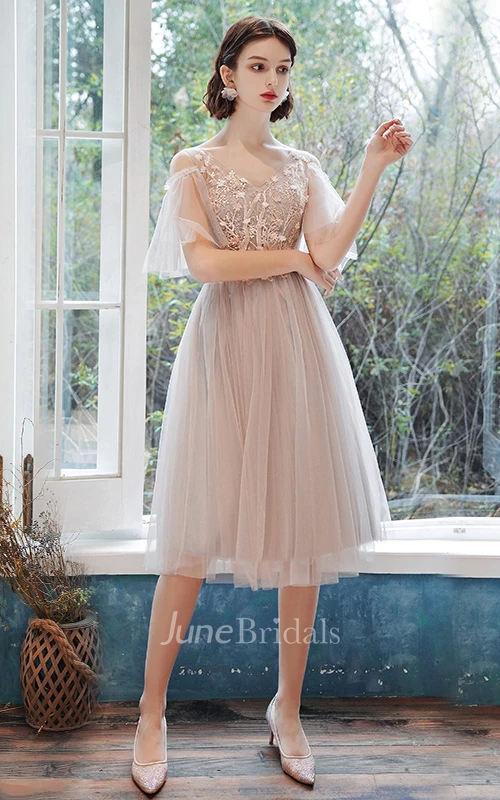 Casual Tulle Bateau Halter Off-the-shoulder A Line Cocktail Homecoming Dress With Appliques