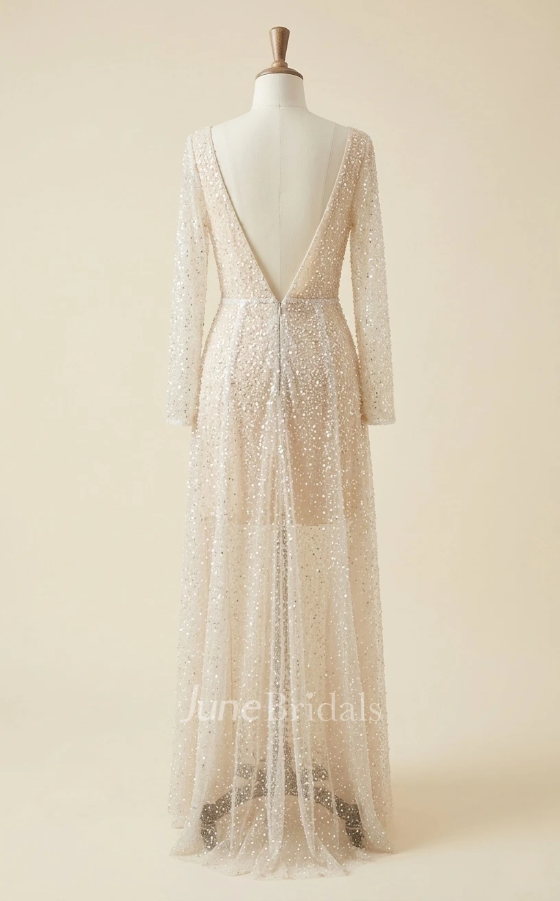 Beach A-Line Long Sleeve Spring Wedding Dress Sparkly Casual V-Neck Floor Length Bridal Gown