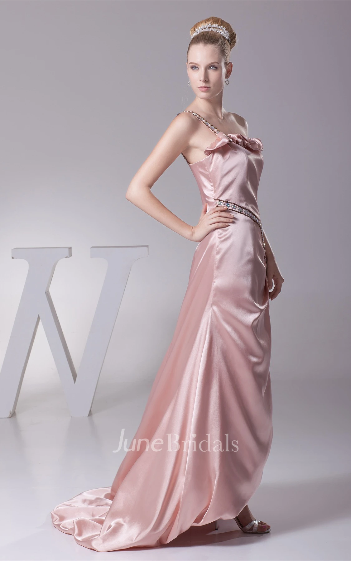 Single-Strap Front-Split Floor-Length Dress with Ruching and Beading