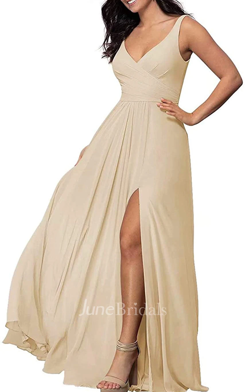 Sexy A Line V-neck Chiffon Sleeveless Bridesmaid Dress