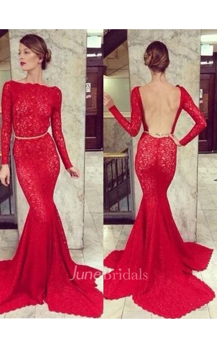 Trumpet Mermaid Bateau Long Sleeves Lace Sweep Brush Train Dresses