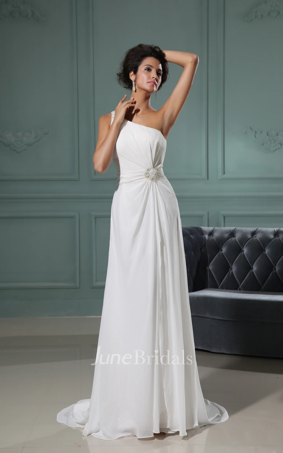 Shining Asymmetrical One-Shoulder Column Gown With Brush Train