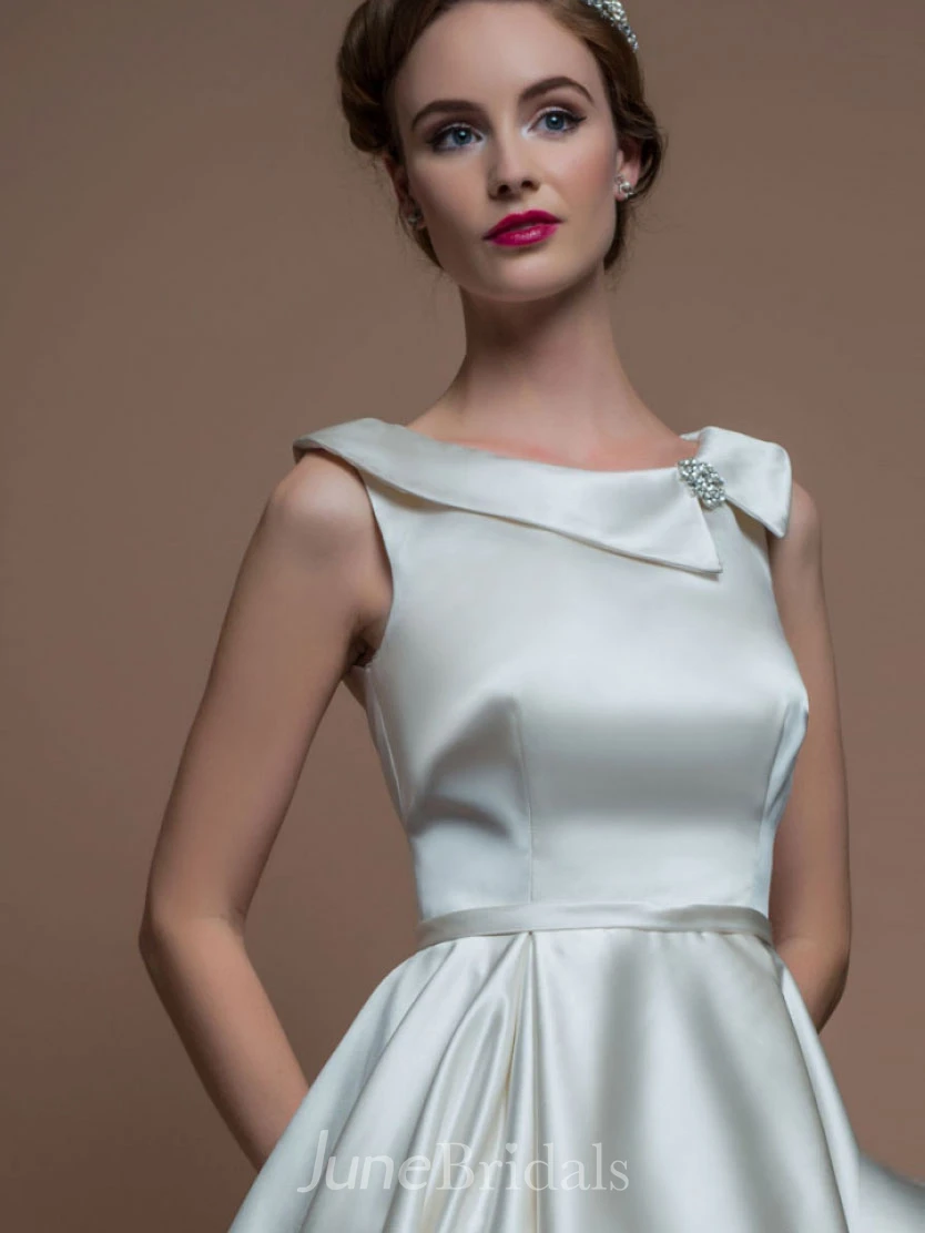 A-Line Sleeveless Tea-Length Bateau-Neck Satin Wedding Dress With Broach