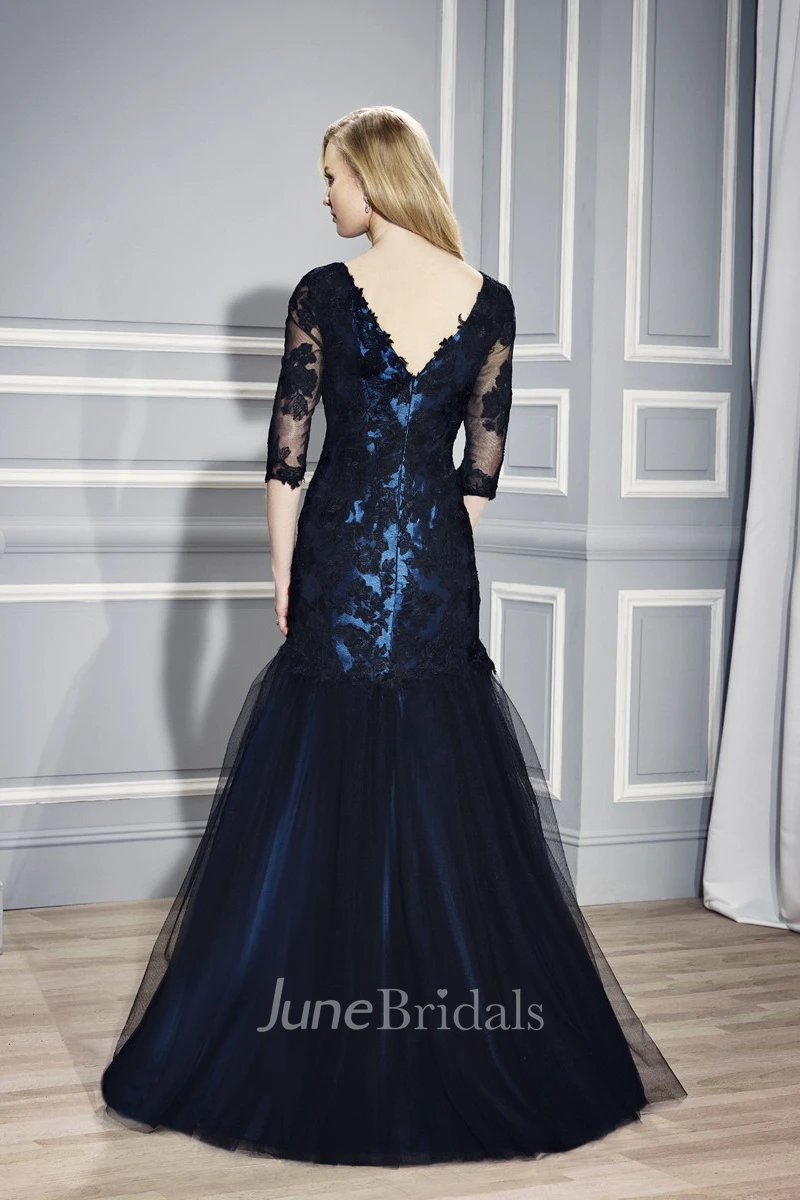 V-neck 3-4-sleeve Satin Tulle Dress With Appliques