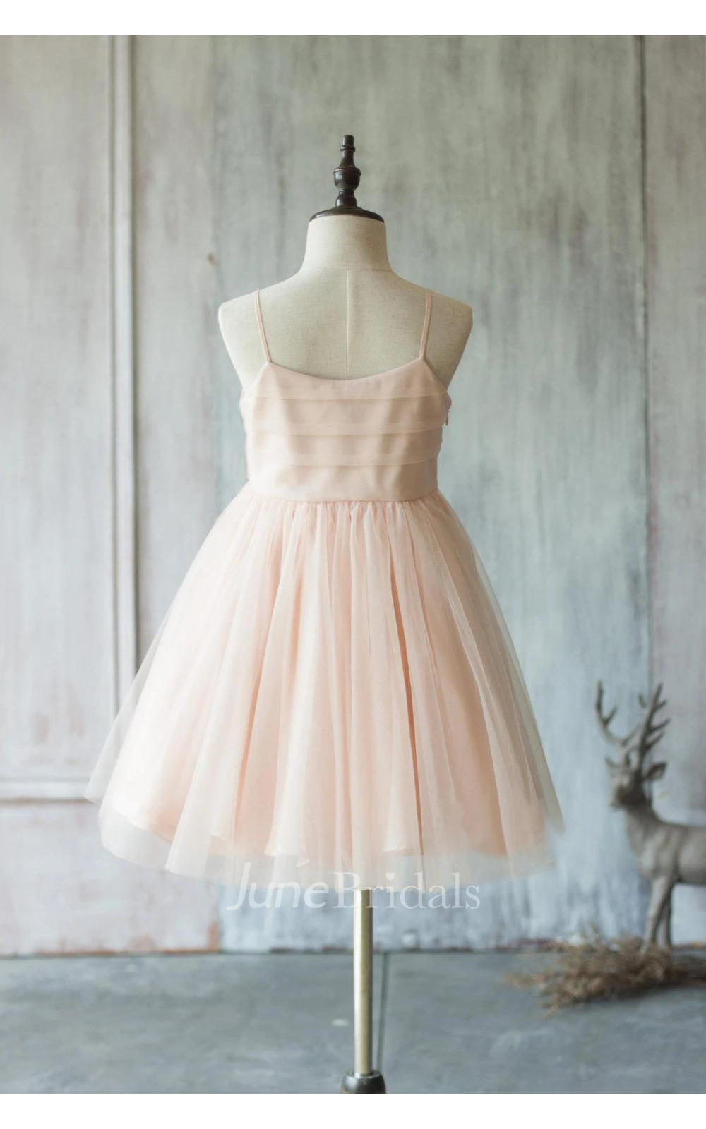 Spaghetti Strap Floor Length Pleated Tulle Dress With Side Draping