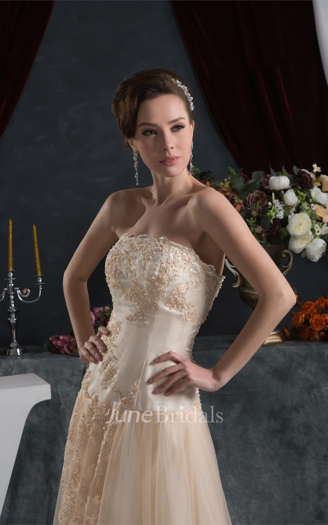 Strapless A-Line Floor-Length Dress with Appliques and Tulle Overlay