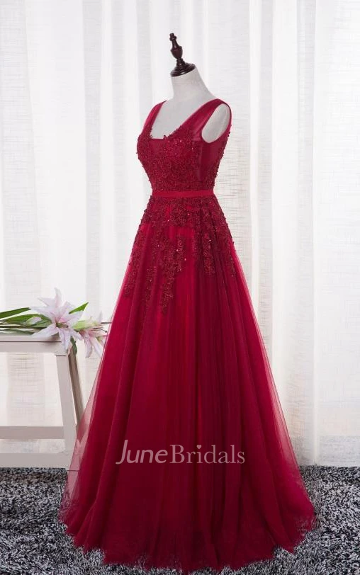 Sleeveless V-neck Long Beaded Tulle Dress