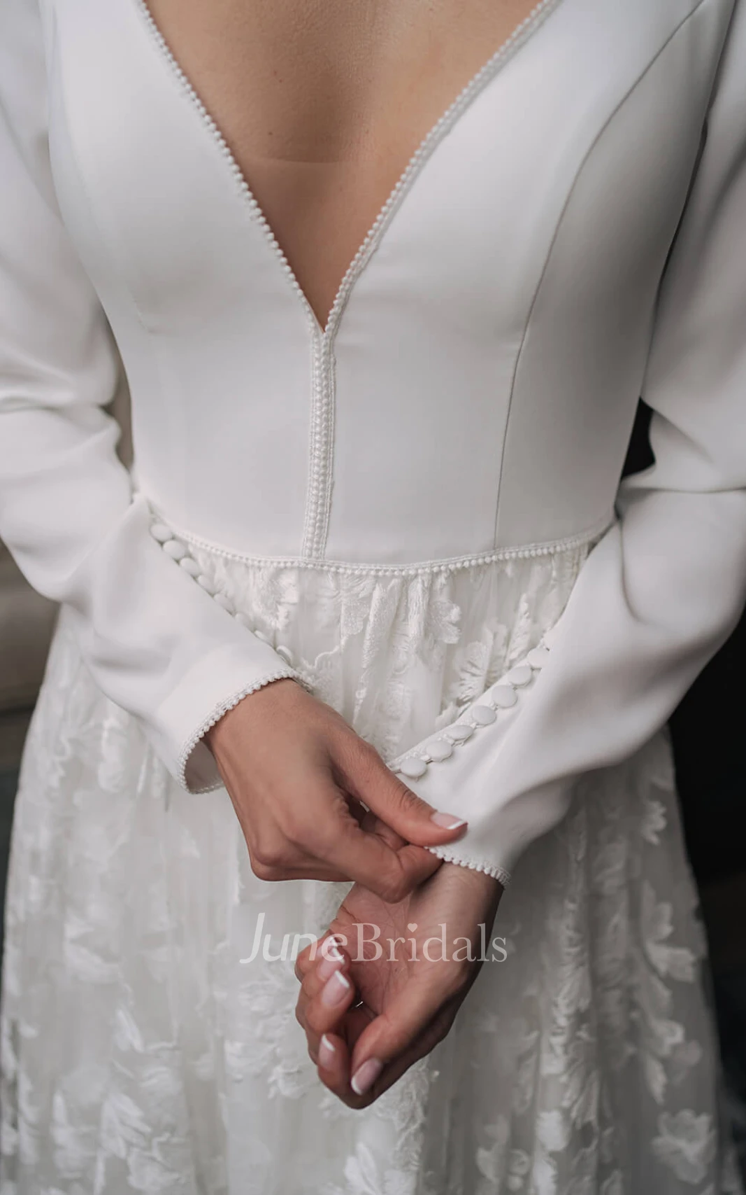 Simple A-Line V-neck Lace Beach Warm Wedding Dress With Deep-V Back And Appliques