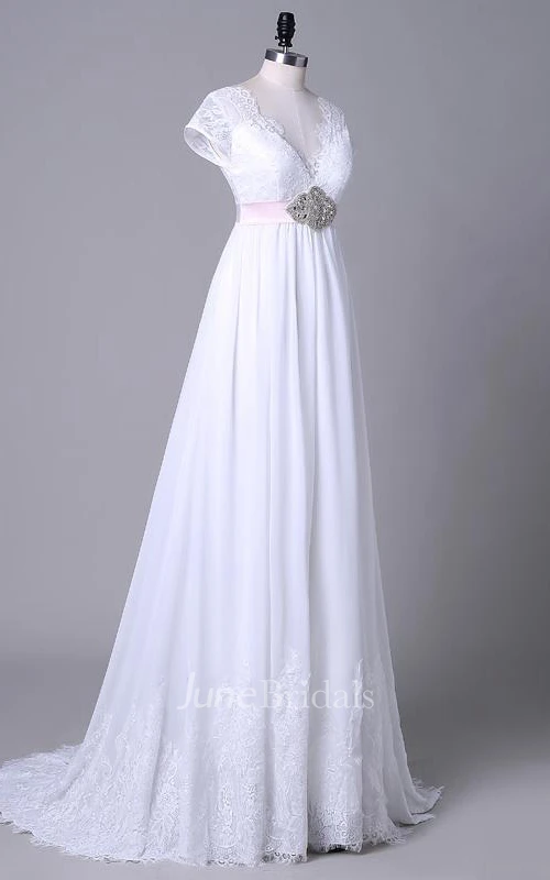 Tea-Length Off-The-Shoulder One-Shoulder V-Neck Beading Chiffon Lace Sequins Satin Dress