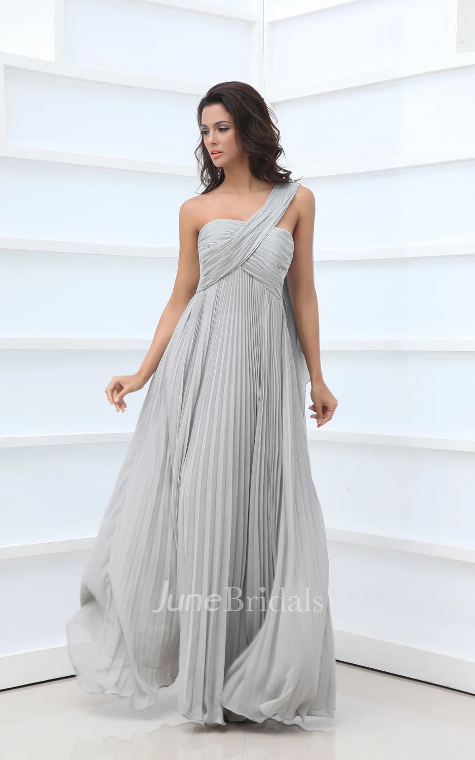 Style Asymmetrical One-Shoulder Empire Gown With Crystal Details