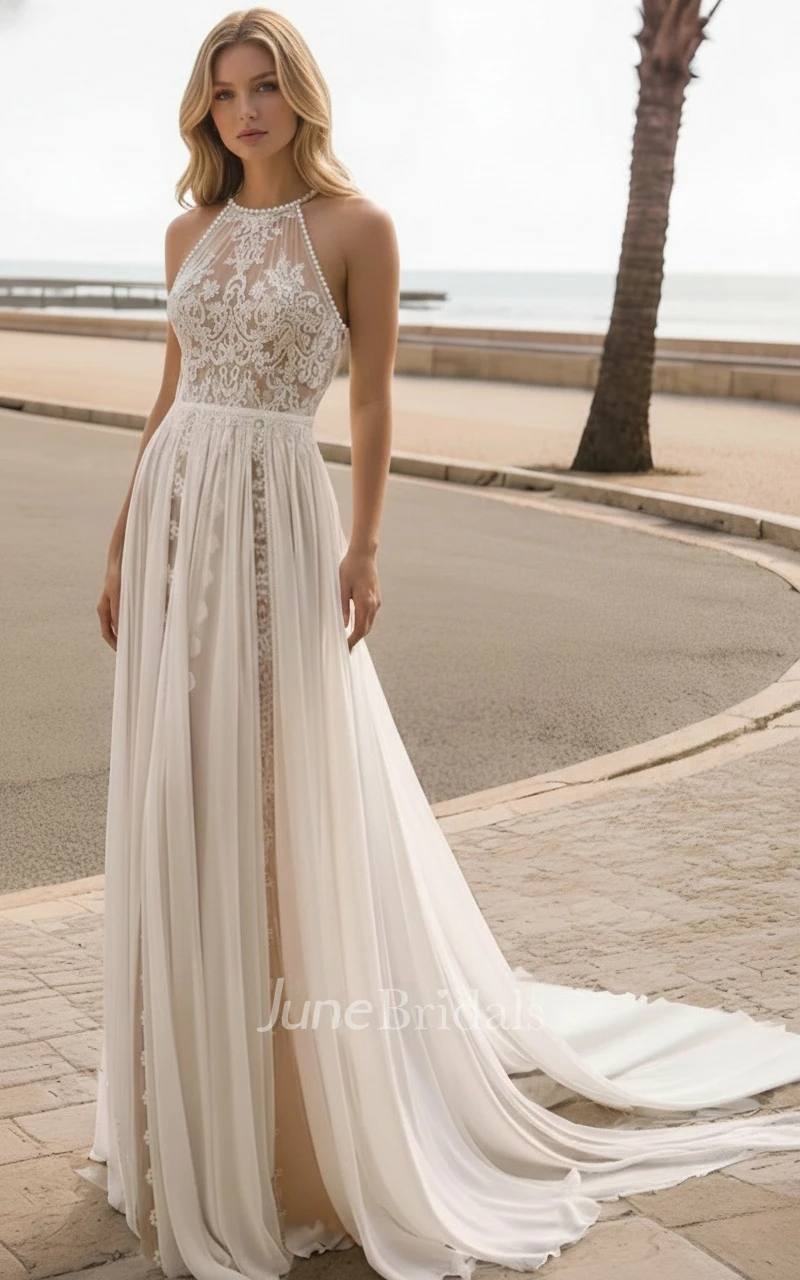 Bohemian Halter Neck Lace Wedding Dress Sleeveless A-Line Beach Destination Gown