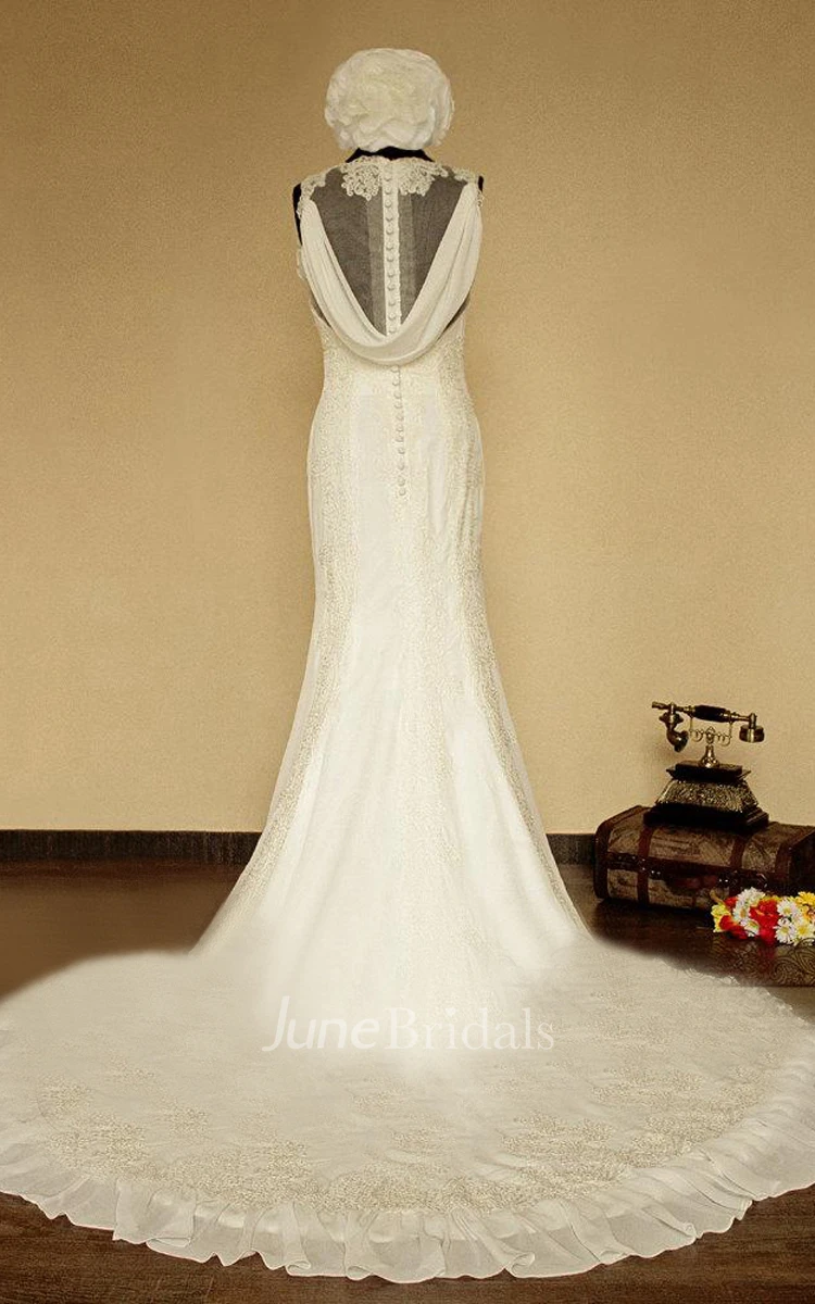 High-Neck Sleeveless Button Back Mermaid Chiffon Wedding Dress With Flower