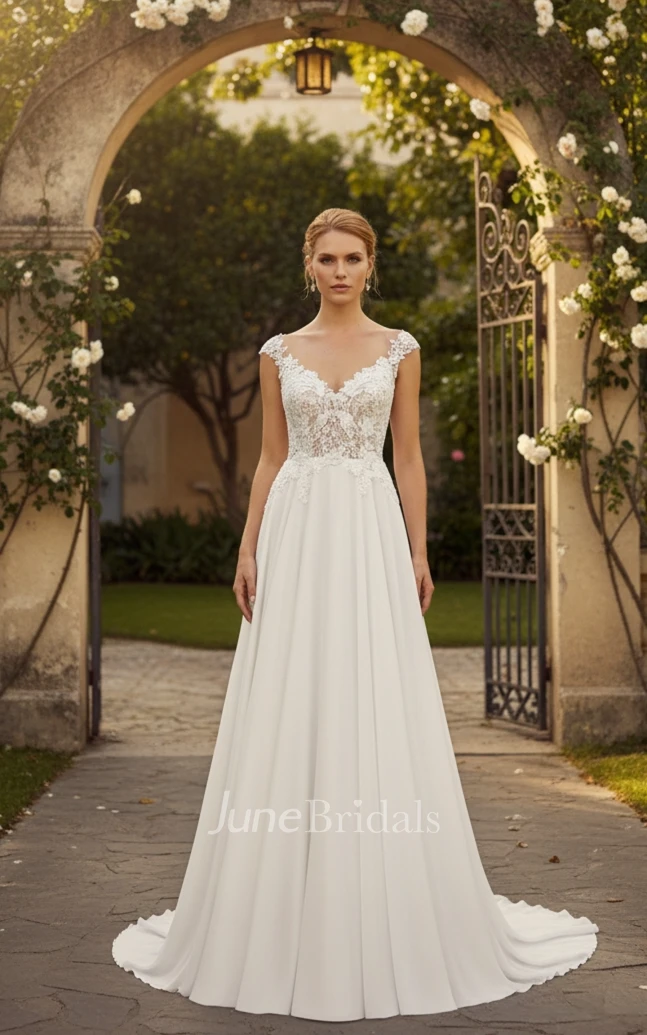 Casual A-Line Lace Sleeveless Wedding Dress Romantic V-Neck Illusion Bridal Gown