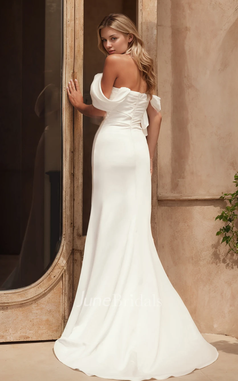 Simple Elegant Mermaid Off-the-Shoulder Satin Spring Wedding Dress Solid Ruching Bridal Gown