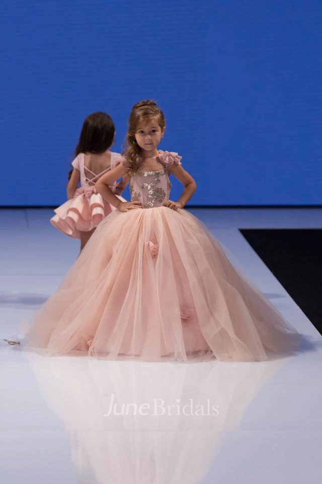 Delicate Pink Tulle Flowers Girl Pageant Dress Sweep Train