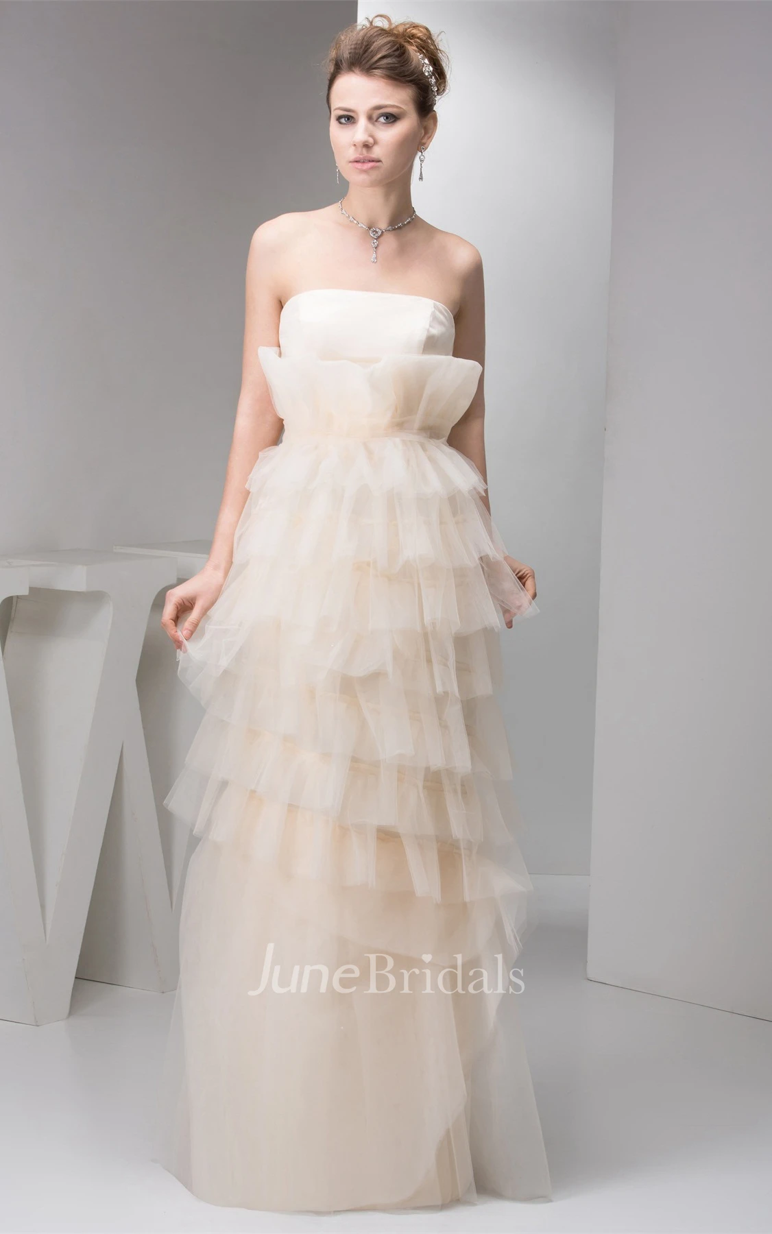 Strapless Tulle Maxi Dress with Tiers and Pleats