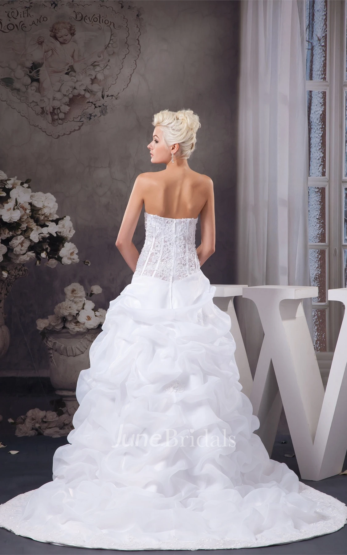 Sweetheart Criss-Cross Ruffled Gown with Beading and Appliques