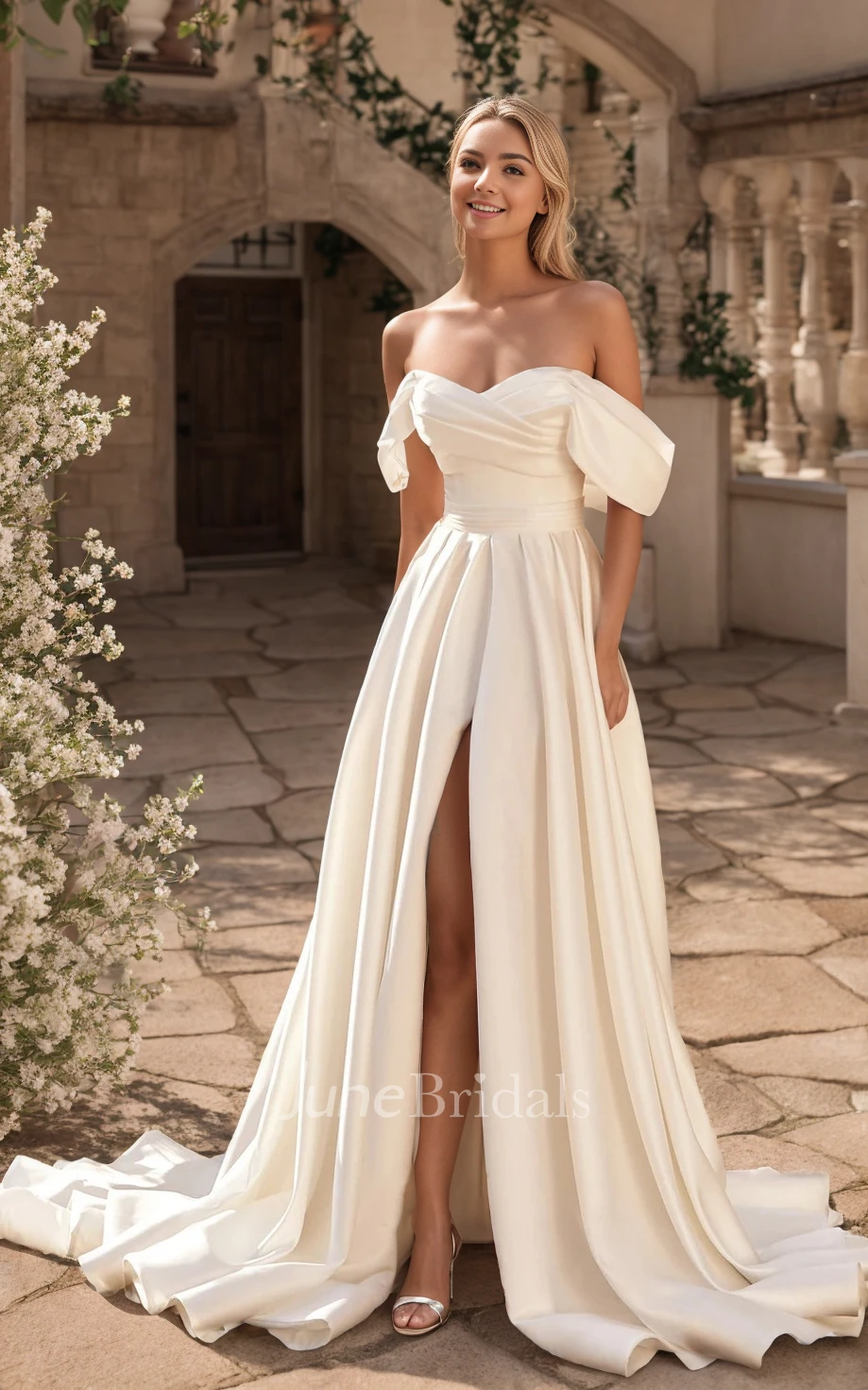 Beach Garden A-Line Off-the-Shoulder Satin Dress for Wedding Elegant Sexy  Low Back High Slit Bridal Gown with Ruching - June Bridals