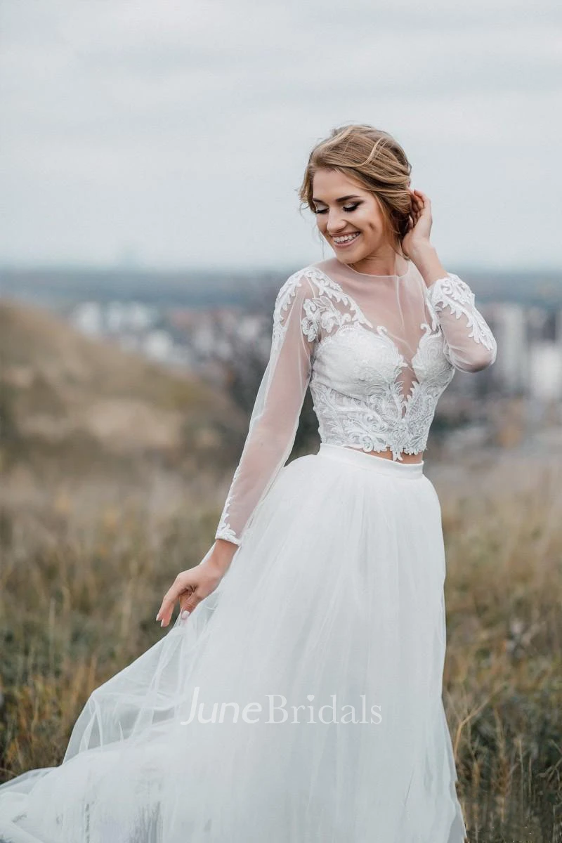 Glamorous Bohemian Illusion Sleeves Lace Two Piece Court Train Wedding Dress