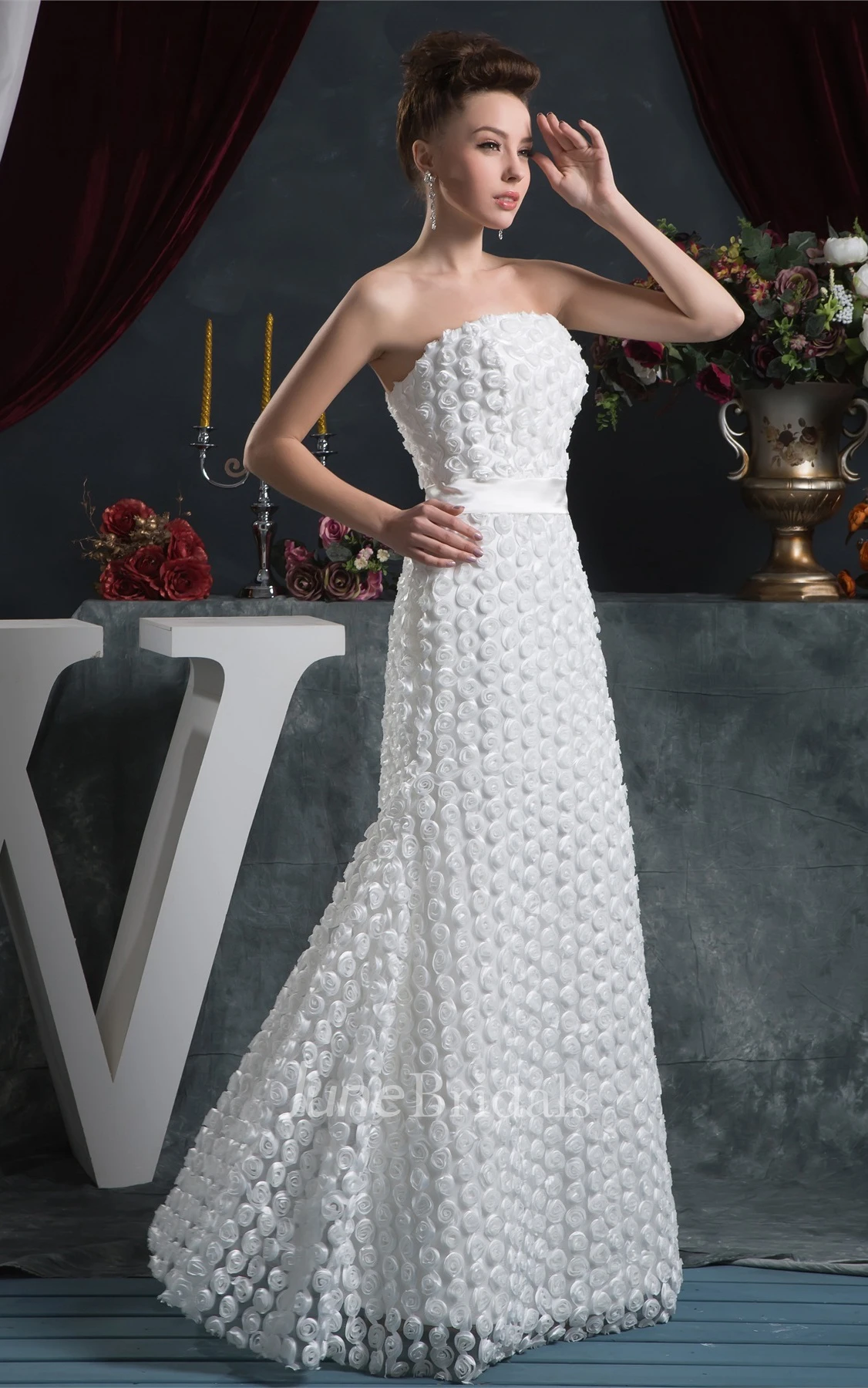 Floral Strapless A-Line Floor-Length Dress with Cinched Waist