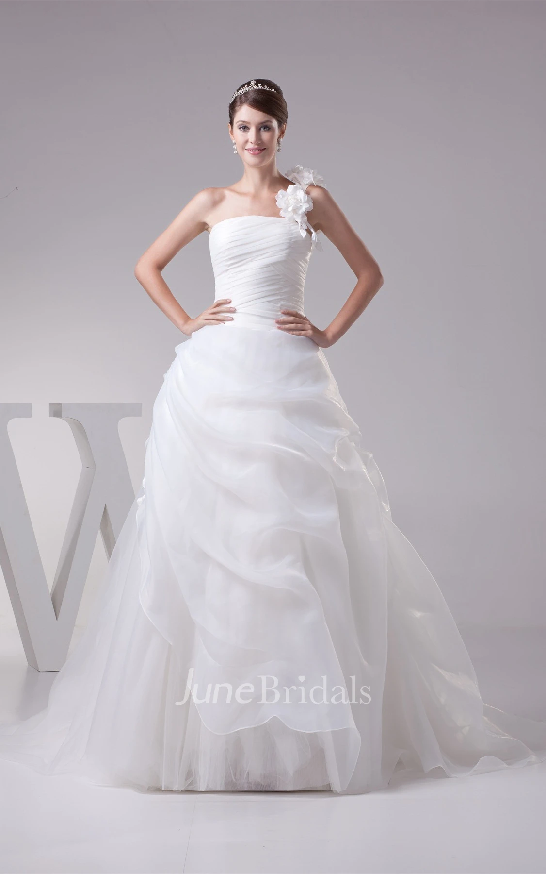One-Shoulder Pick-Up A-Line Gown with Flower and Ruching