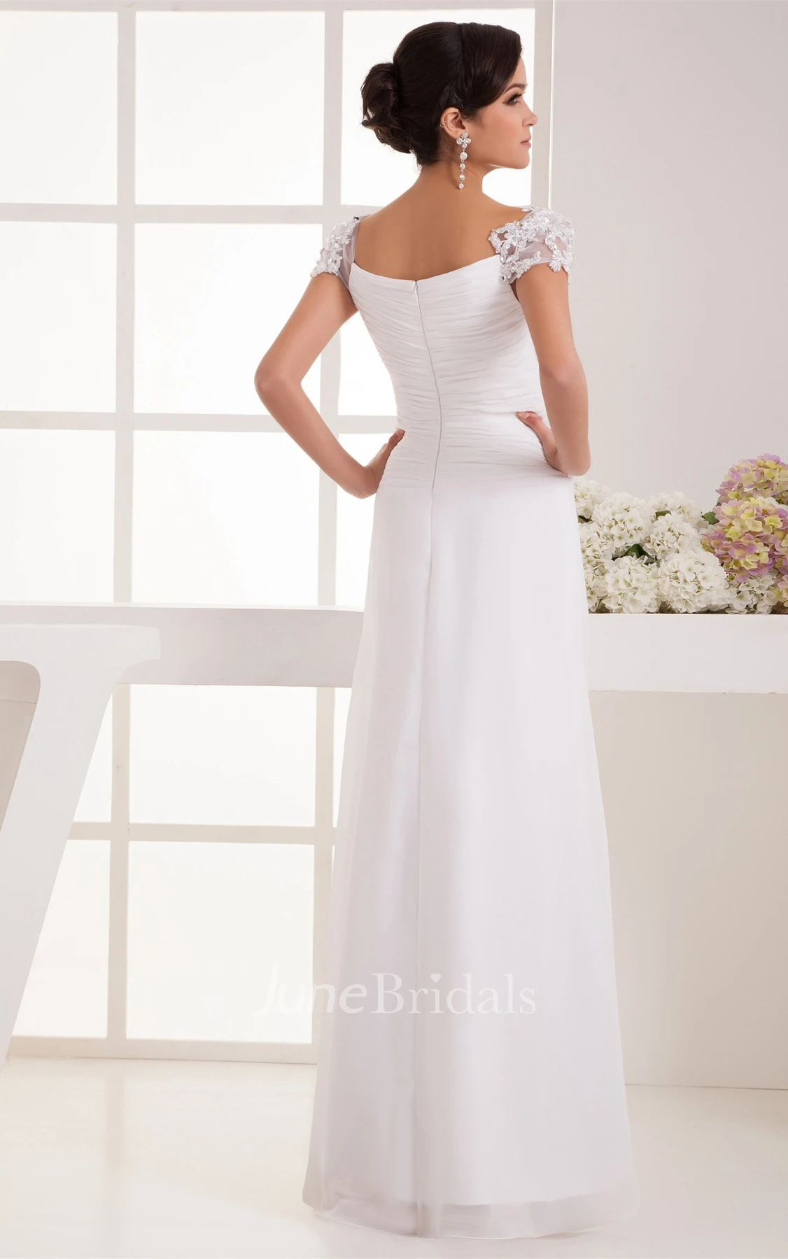 Caped-Sleeve Chiffon Maxi Dress with Ruching and Pleats