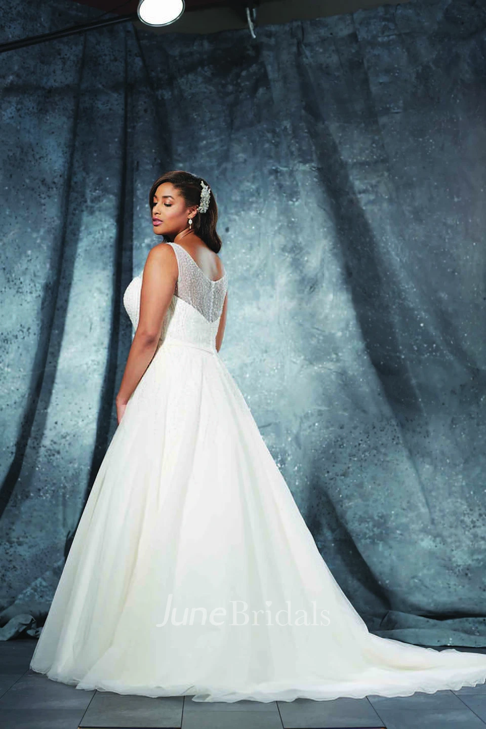 A-Line Long Bateau Neck Sleeveless Tulle Court Train Illusion  Dress