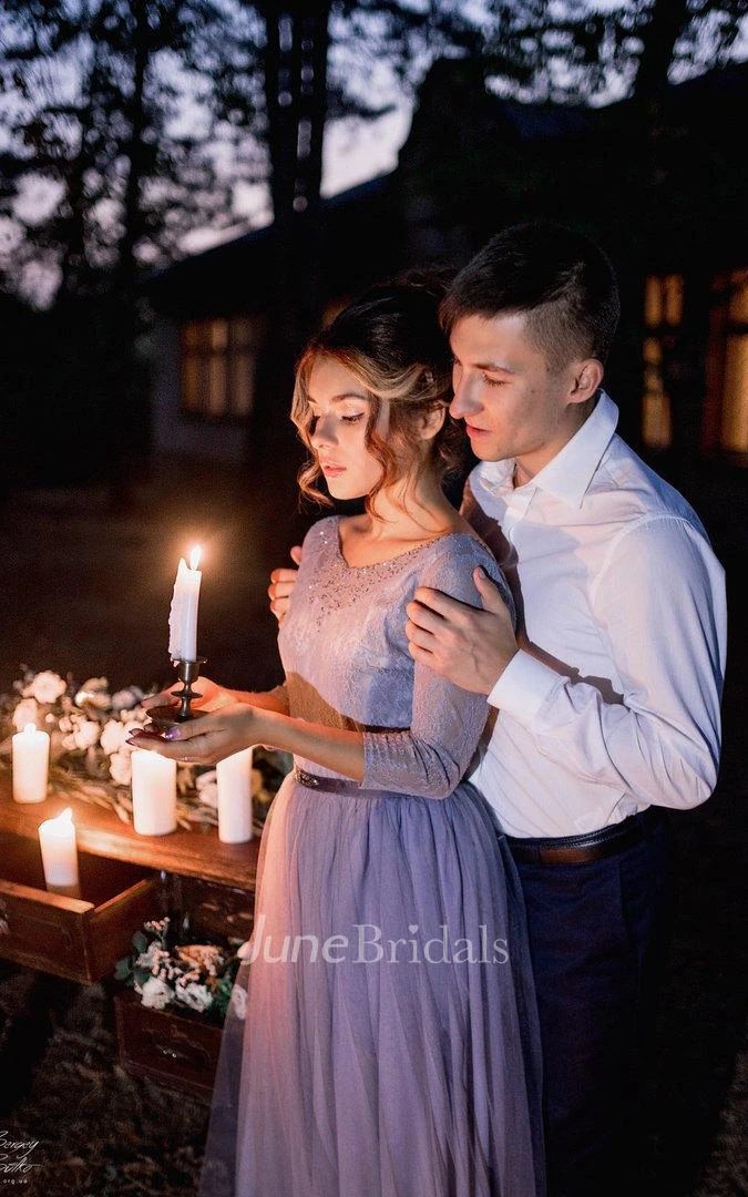 Half Sleeve Tulle Floor-Length Dress With Beading And Pleats
