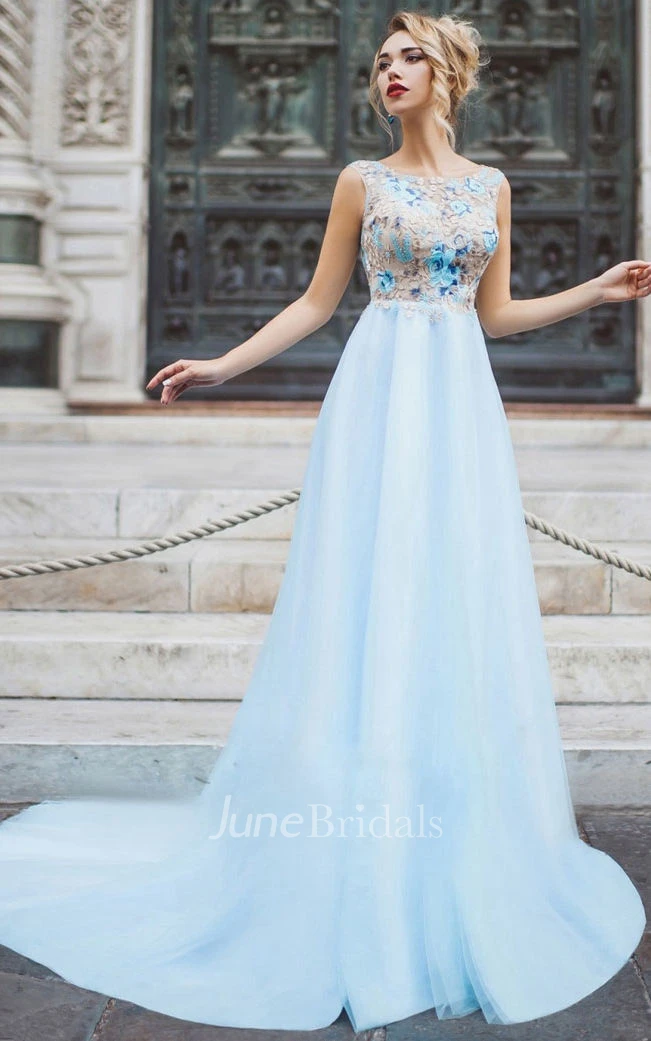 Short-Sleeve Pleated Long-Train A-Line Keyhole Appliqued Dress