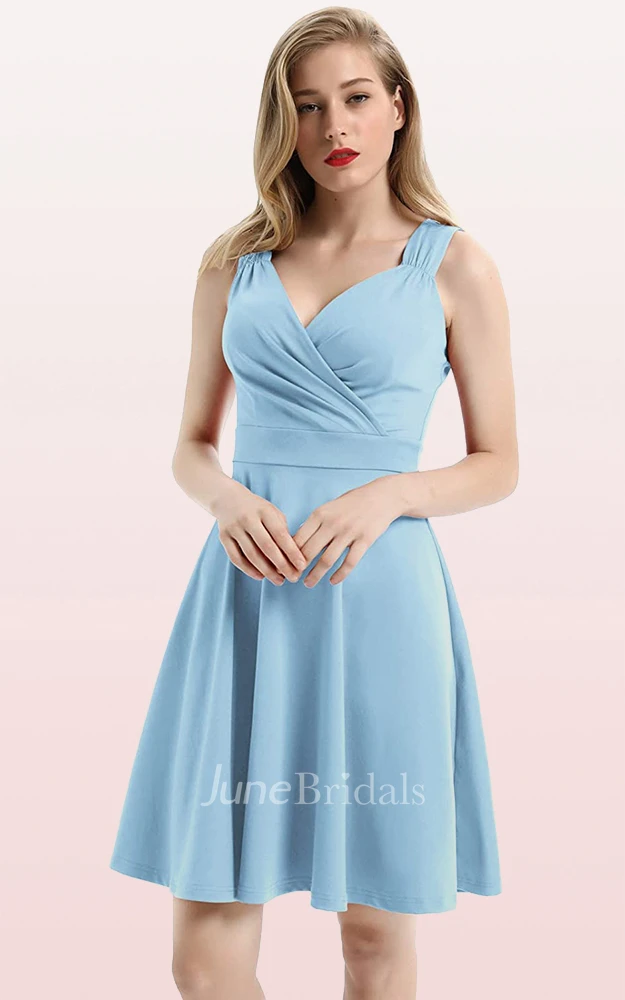 A Line V-neck Jersey Sleeveless Prom Cocktail Dress With Ruffles