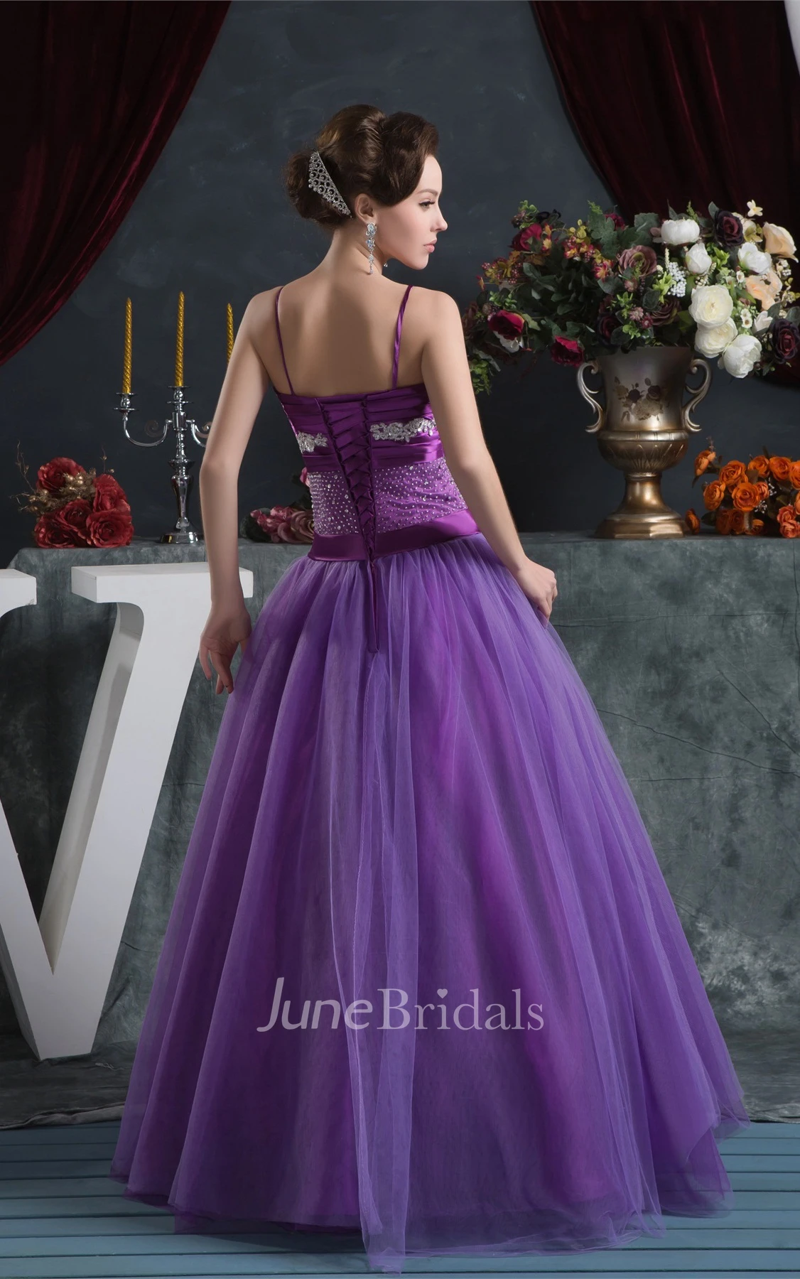 Spaghetti-Strap Beaded A-Line Gown with Pleats and Bow