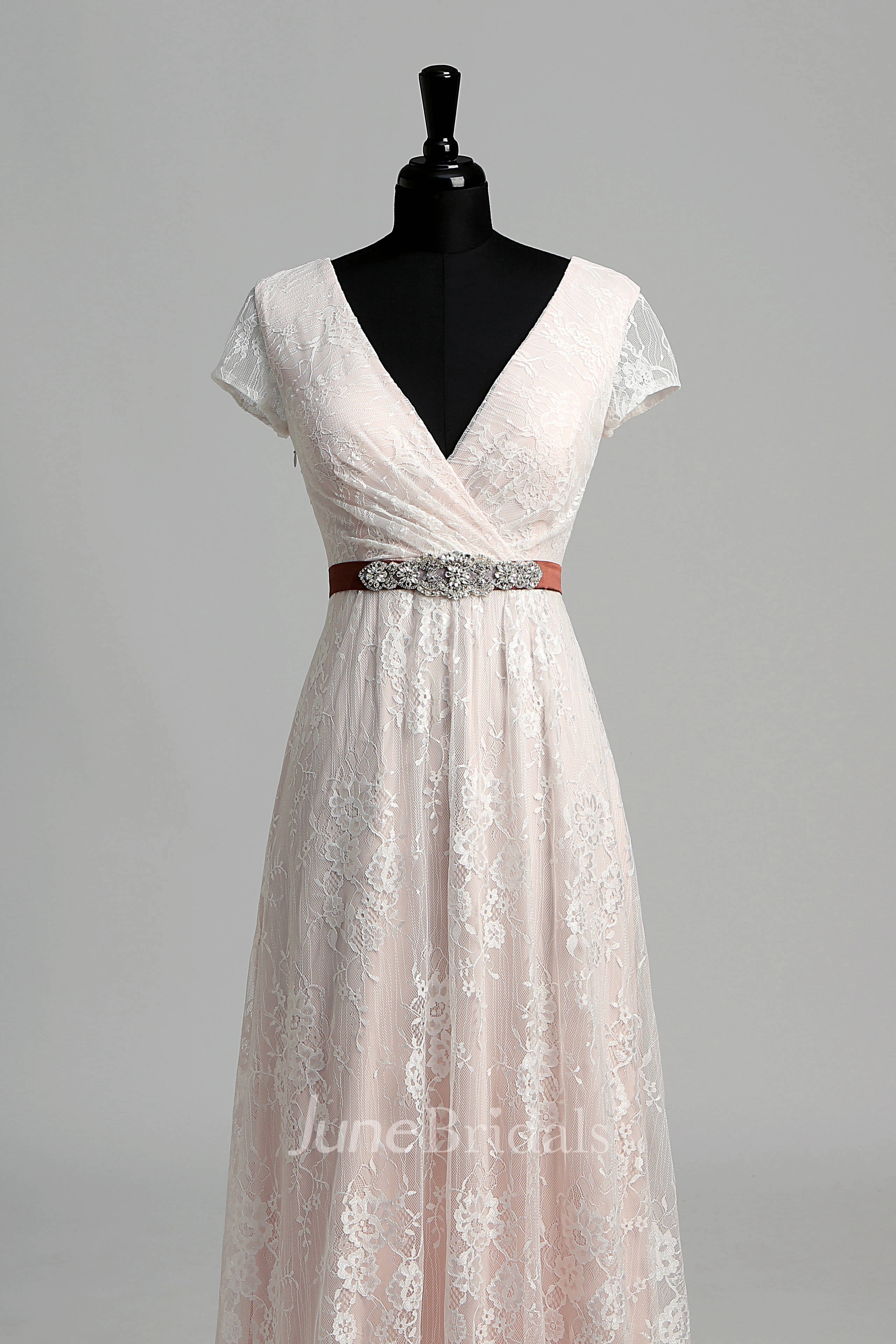 Short Sleeve V-neck Pleated Long Lace Warm Wedding Dress