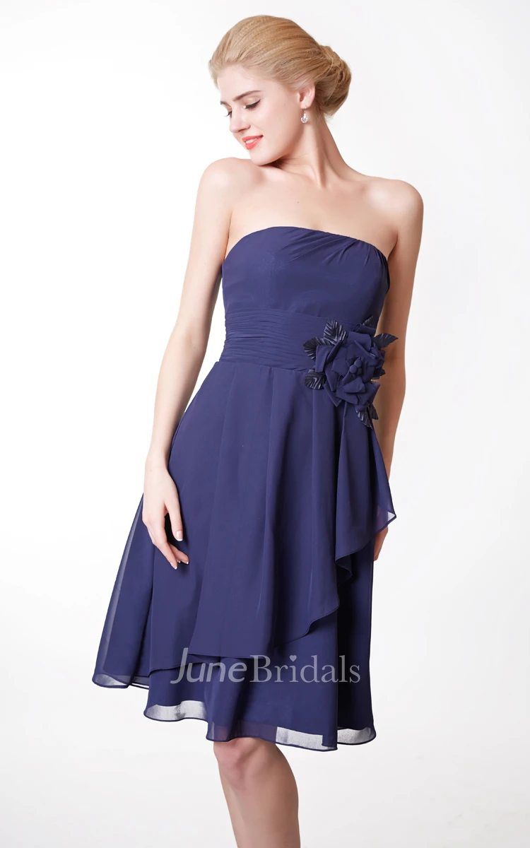 Cute Strapless Side Draped Knee Length Chiffon Dress With Flowers