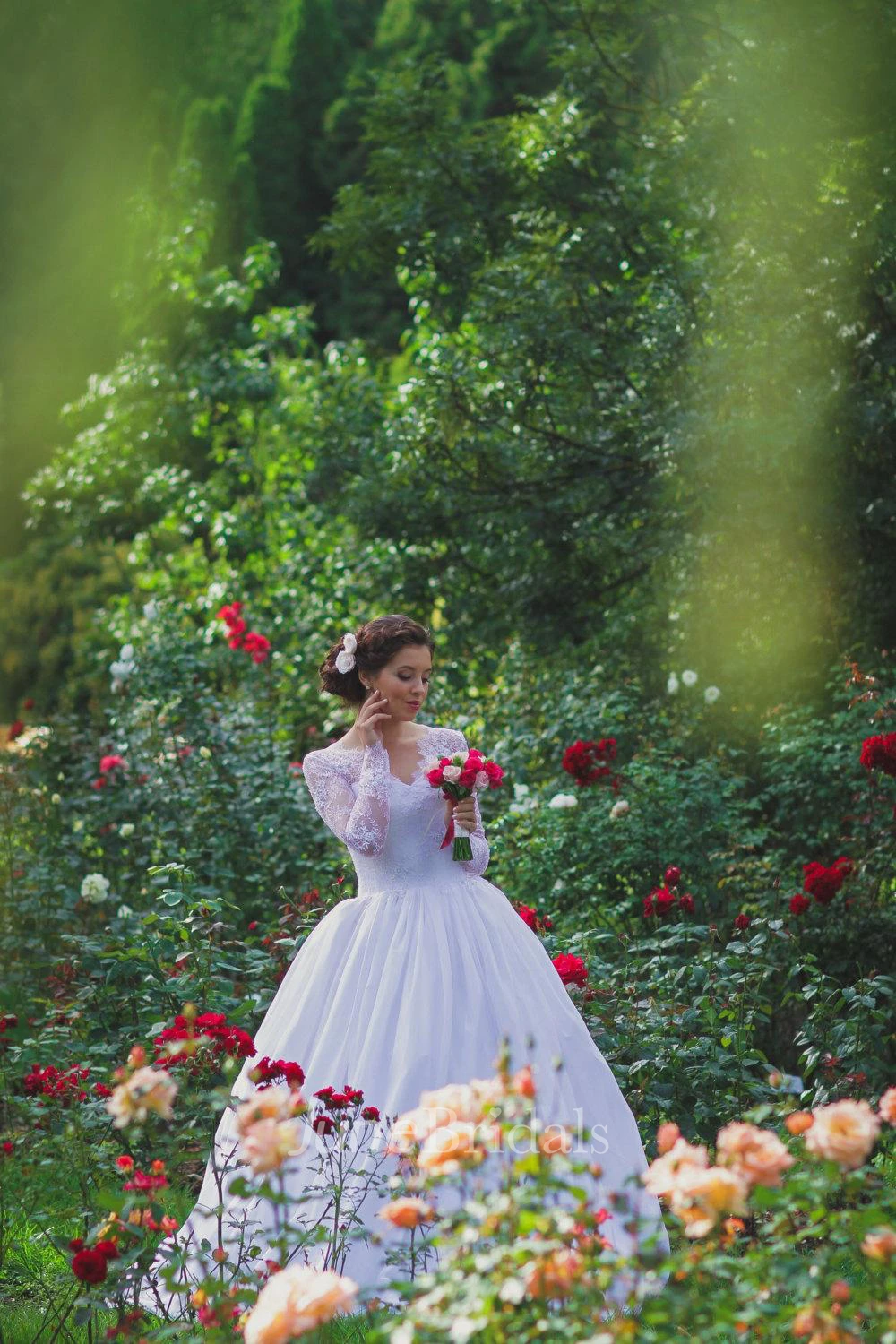 Vintage Inspired Long Lace Sleeves Tulle Wedding Dress With Lace