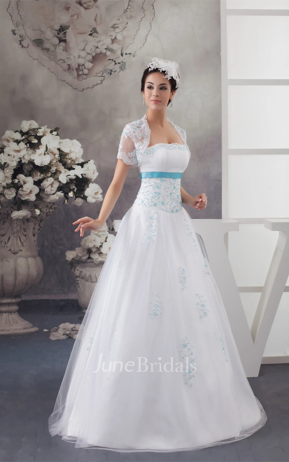 Strapless Tulle A-Line Dress with Appliques and Bolero
