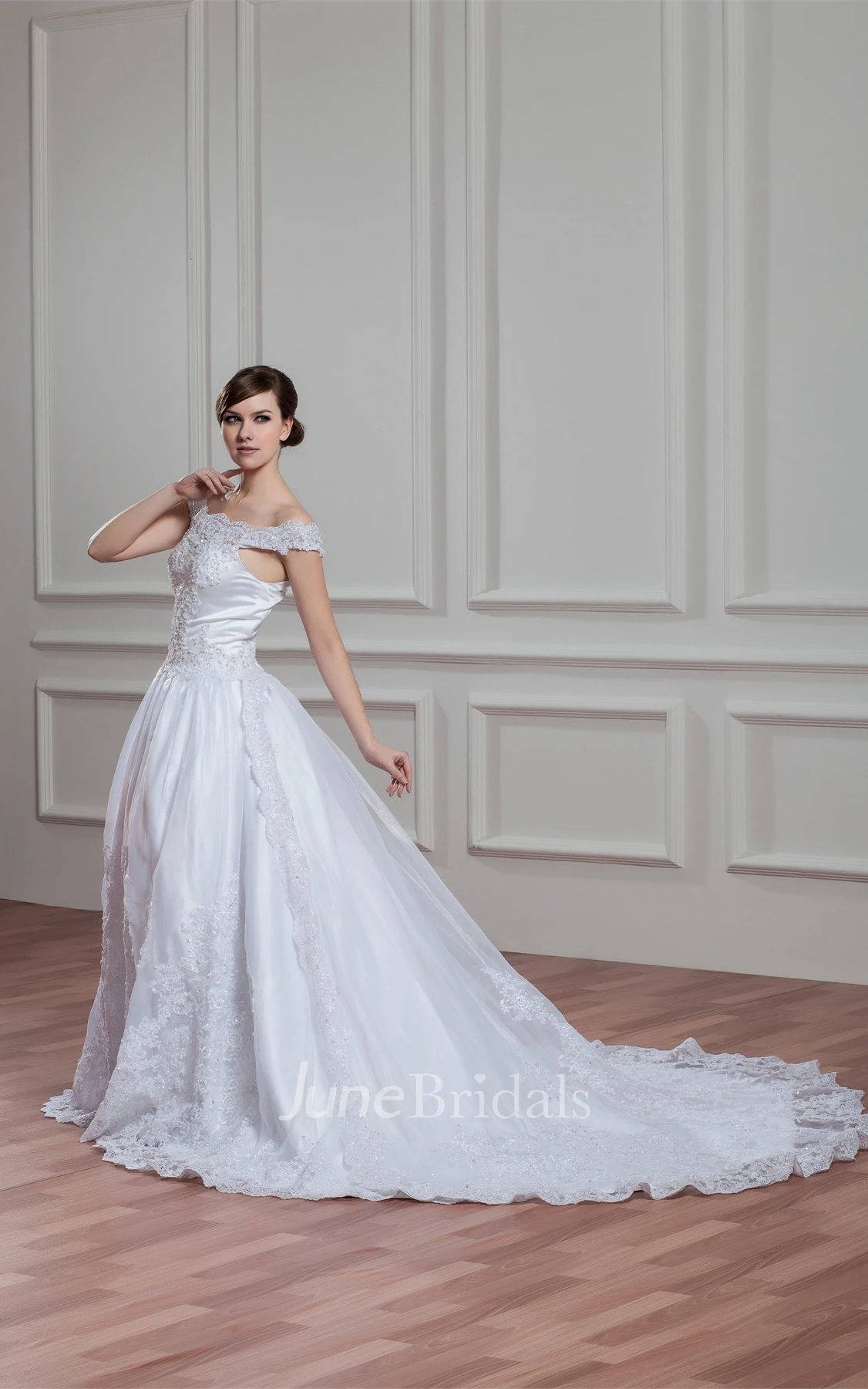 Off-The-Shoulder A-Line Appliqued Gown with Pleats