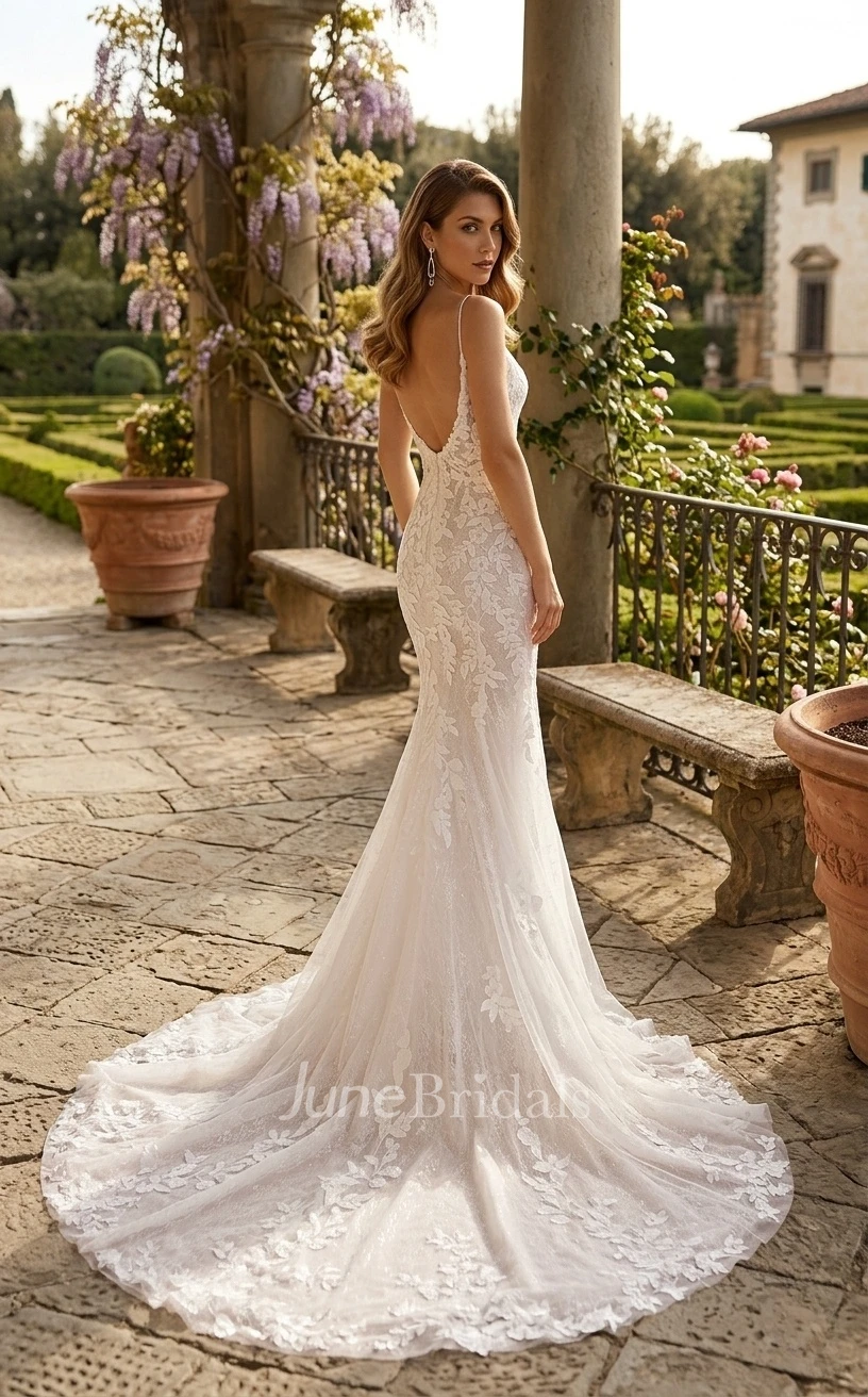 Boho Lace Spaghetti Wedding Dress Mermaid Sleeveless V-Neck Gown for Beach Weddings