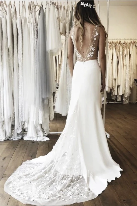 Simple Sleeveless Plunging Stain Gown With Illusion Deep V-back And Lace