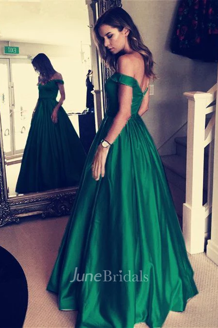 Emerald Green Off The Shoulder Long Evening Prom Dress - June Bridals