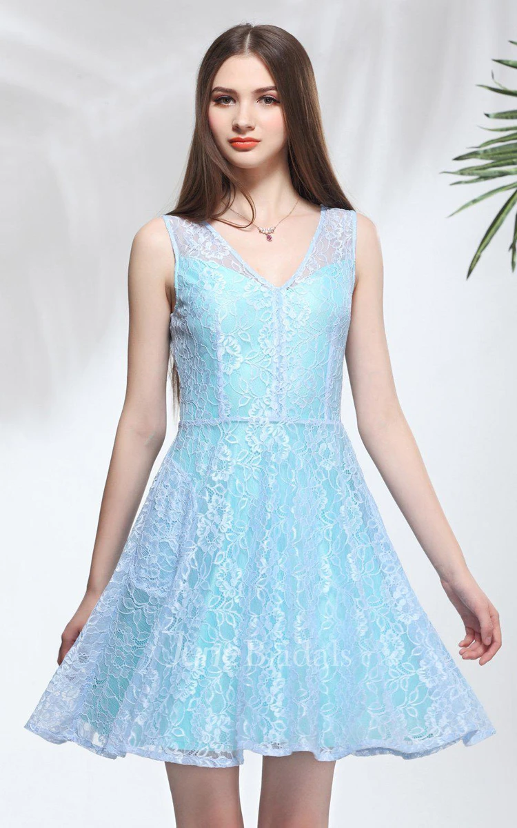Sleeveless V-neck A-line Short Dress With Lace