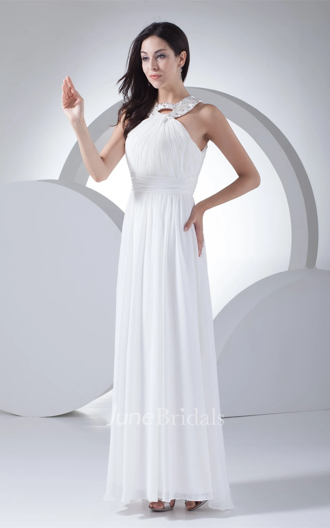 Sleeveless Chiffon Pleated Maxi Dress with Beaded Neckline