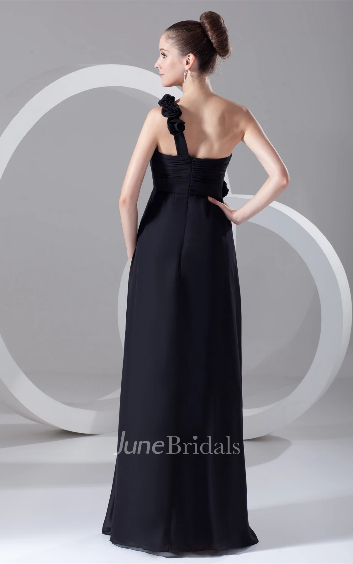 sleeveless chiffon maxi empire dress with floral strap and pleats