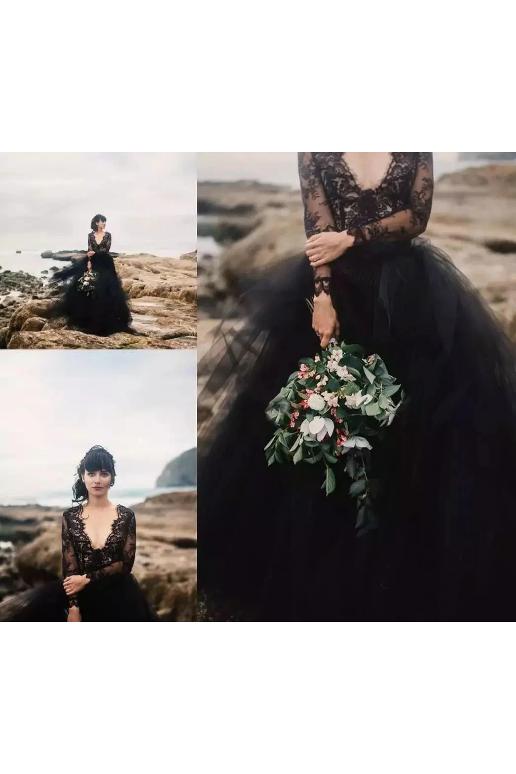 A-Line Ball Gown V-neck Long Sleeve Lace Tulle Wedding Dress